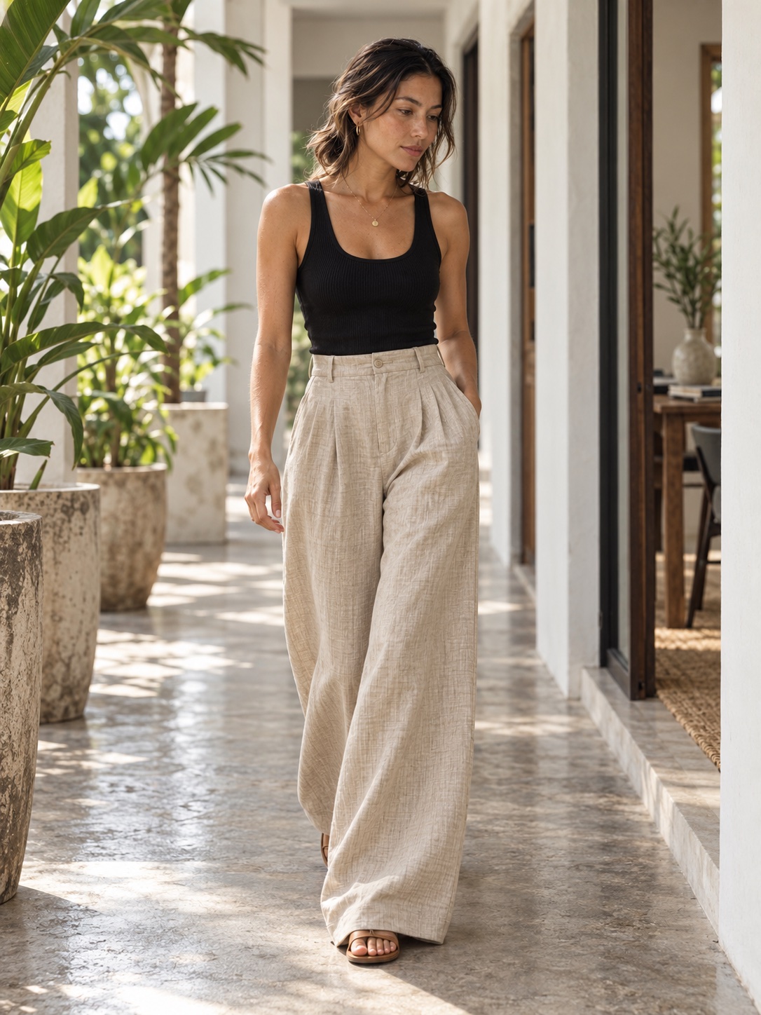 Sand wide-leg trousers styled for work