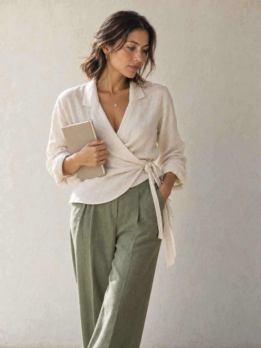 Ivory wrap shirt styled for work